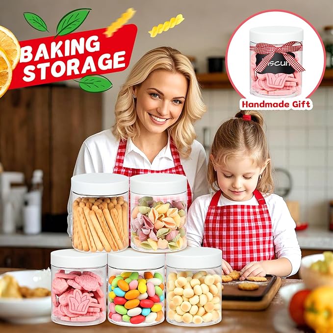 48 PCS 8 OZ Plastic Jars with Screw On Lids, Pen and Labels Refillable Empty Round Slime Cosmetics Containers for Storing Dry Food, Makeup, Slime, Honey Jam, Cream, Butter, Lotion, White