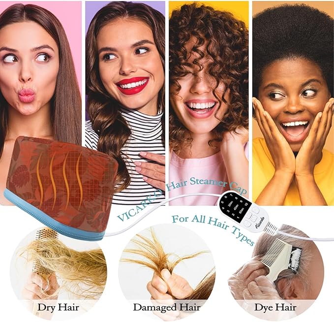 VICARKO Hair Steamer for Deep Conditioning, 10-Level Heats Up Quickly, 118” Power Cord, Heating Cap Hot Oil Treatment Heat, Electric Thermal Heated Steam Natural Black Hair, Hawaii Blue