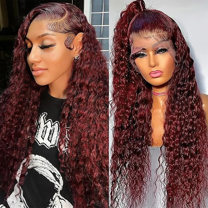 32 Inch Reddish Brown Lace Front Wigs Human Hair 13x6 Reddish Brown Curly Lace Front Wig 180 Density 33# Deep Wave HD Lace Frontal Wigs Human Hair Pre Plucked for Women Auburn Colored Human Hair wig