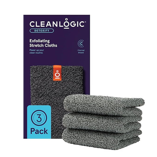 Cleanlogic Body Exfoliating Cloth, Stretchy Detox Charcoal Infused Exfoliator Bath and Shower Washcloths, Reusable Daily Skincare Tool, 3 Count Value Pack