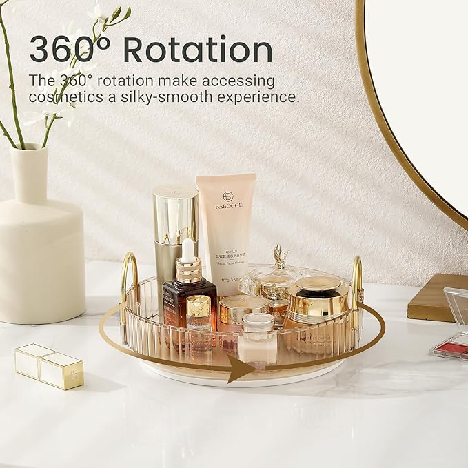 360 Rotating Makeup Organizer for Vanity, Skincare Perfume Tray, Bathroom Counter Make Up Organizers and Storage, Clear Cosmetics Lipstick Spinning Holder for Dresser(Gold)