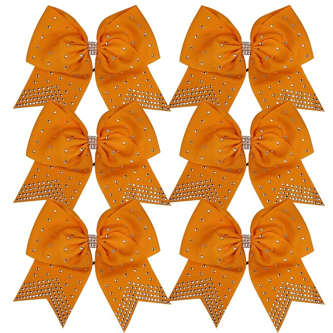 8 Inch Cheerleader Bows Ponytail Holder with Bling Fling Rhinestones Hair Tie Cheerleading Bows 6 Pcs (Orange)