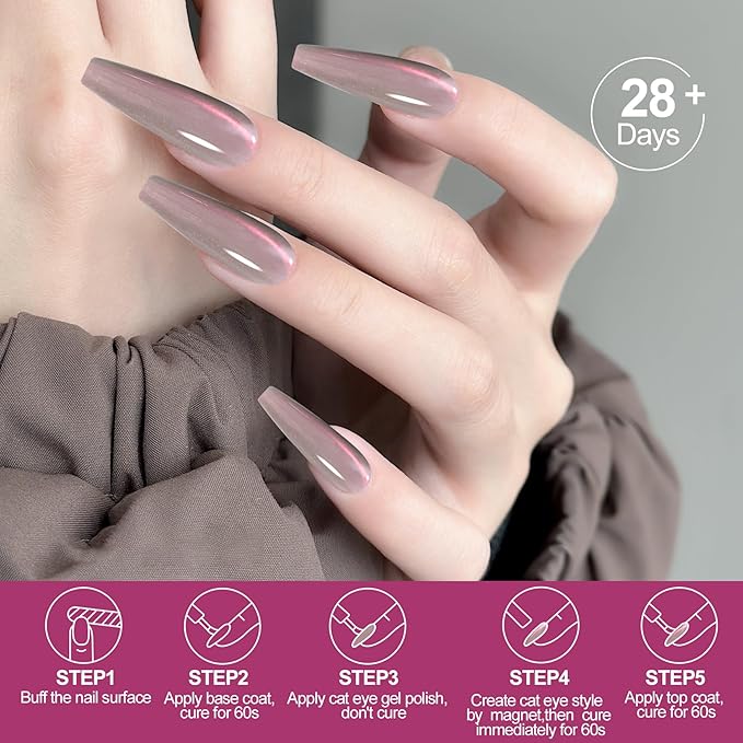 Adhere 8Pcs 12ML Cat Eye Gel Magnet Nail Polish Set, Reflective Glitter Cat Eye,Yellow Green Purple Silver White Color with Magnet