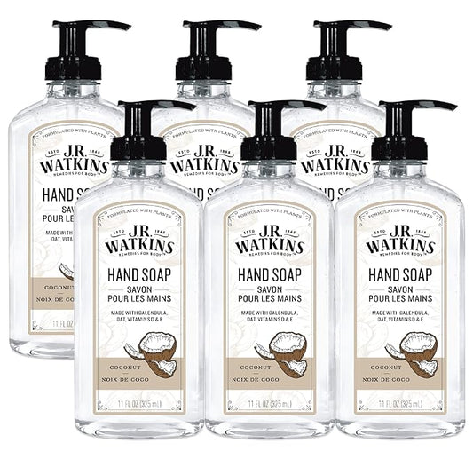 J.R. Watkins Gel Hand Soap, Scented Liquid Hand Wash for Bathroom or Kitchen, USA Made and Cruelty Free, 11 fl oz, Coconut, 6 Pack