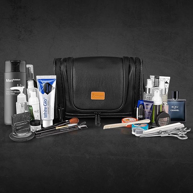 MIRASON Hanging Toiletry Bag for Men Dopp Kit Waterproof Leather Travel Organizer Bag with Sturdy Metal Hook and Handle for Bathroom Shower Cosmetics Camping Gift for Men (Black)