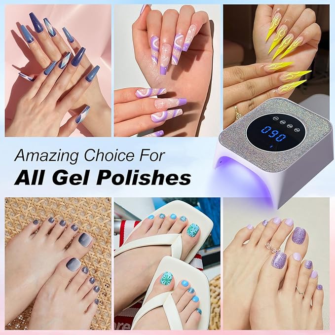 UV Light for Gel Nails 72W Cordless LED Nail Lamp Gel Polish Dryer 4 Timer Modes Rechargeable Bling Silver Diamond Rhinestones for Salon & Home