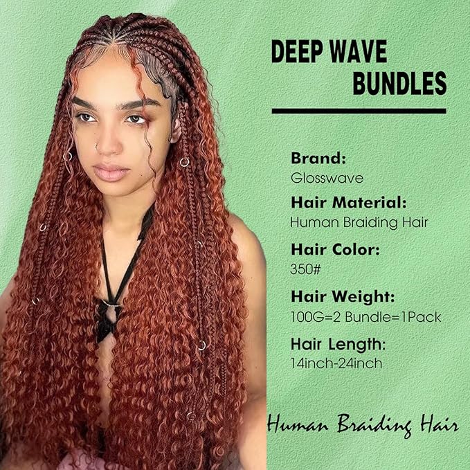 Human Braiding Hair for Boho Braids Human Hair 100g 14 Inch Curly Boho Hair for Braiding Knotless 12A Deep Wave Bohemian 2 Bundles/Pack Copper