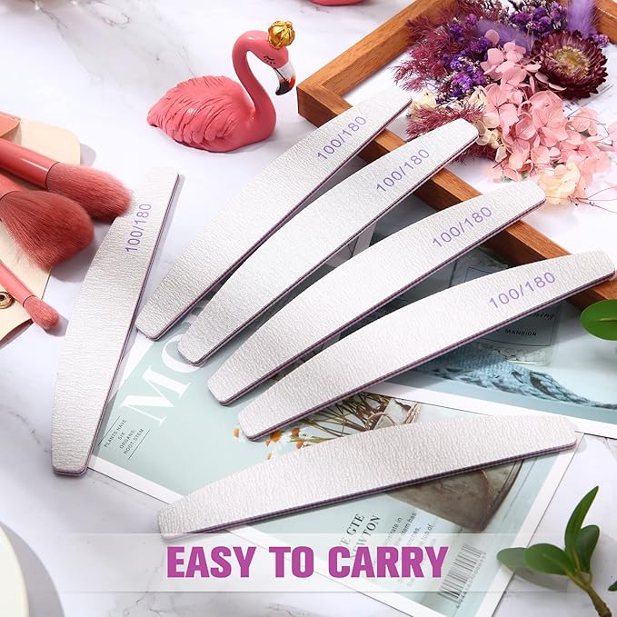 150 Pcs 100/180 Grits Nail Files Bulk Doubled Sided Emery Boards Reusable Curved Coarse Nail Buffers Manicure Tools for Acrylic Natural Toenails Home and Salon Use