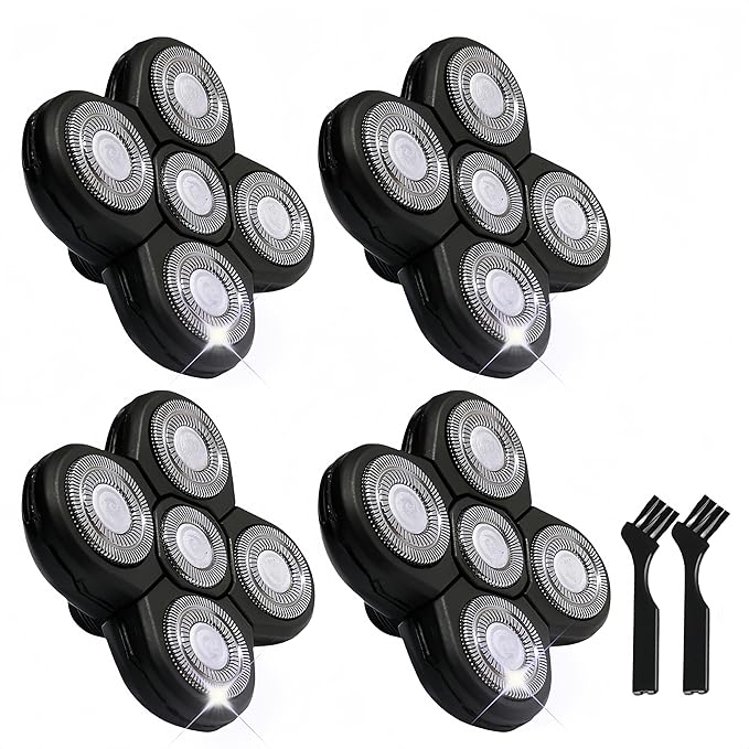 4PCS Shaver Replacement Blades for Head Shaver, 5 Blades Shaver Heads for Bald Men, Head and Face Electric Razor Shaver Heads, 2 Cleaning Brush