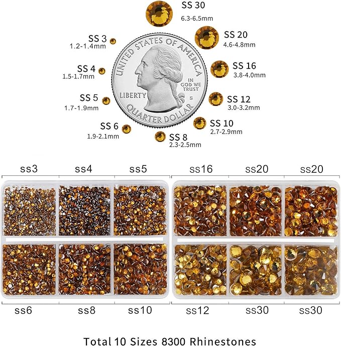 Beadsland 8300PCS Flatback Rhinestones, Topaz Rhinestone Nail Gems Round Crystal Rhinestones for Crafts, Mixed 10 Sizes with Wax Pencil and Tweezer Kit, SS3-SS30, Topaz