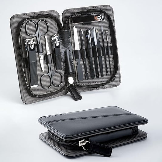 12 in 1 Mens Manicure Set in PU Leather Case, Stocking Stuffers for Adults, Birthday, Christmas Gift, Nail Grooming Kit for Men, Husband, Dad, Boyfriend (Black)