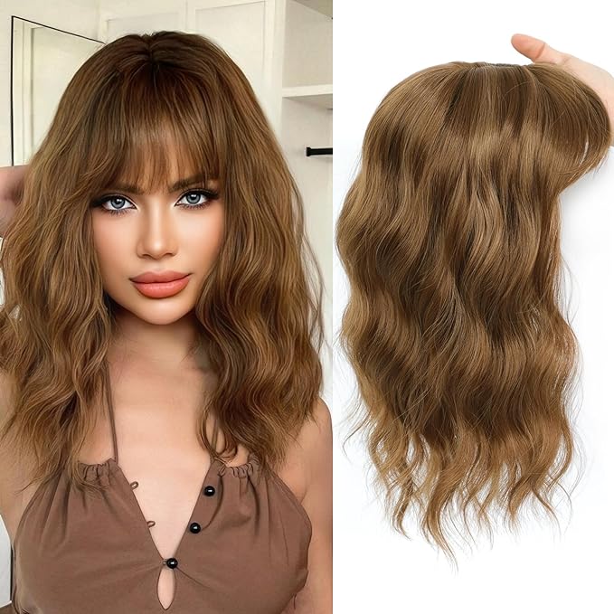 16 Inch Hair Toppers for Women with Thinning Hair, 360° 3D Realistic Toppers for Women Wispy Bangs Clip Synthetic Curly Wavy (H6-22)