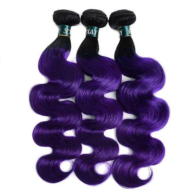 Purple Bundles Body Wave Human Hair Purple Weave 3 Bundles Virgin Hair, Brazilian Remy Hair Ombre 1b/Purple 2 Tone Ombre Hair Wavy For Women(182022)