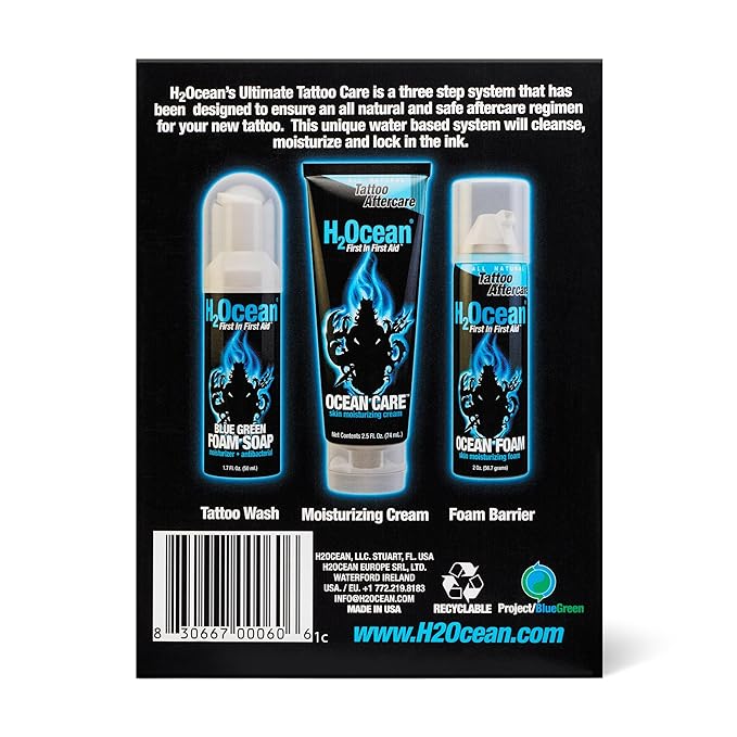 H2Ocean Ultimate Tattoo Care Kit for a Faster Heal - Tattoo Skincare Regimen - 1.7 oz Blue Green Foam Soap, 2.5 oz Ocean Care Skin Moisturizing Cream & 2 oz Ocean Foam Skin Moisturizing Soap