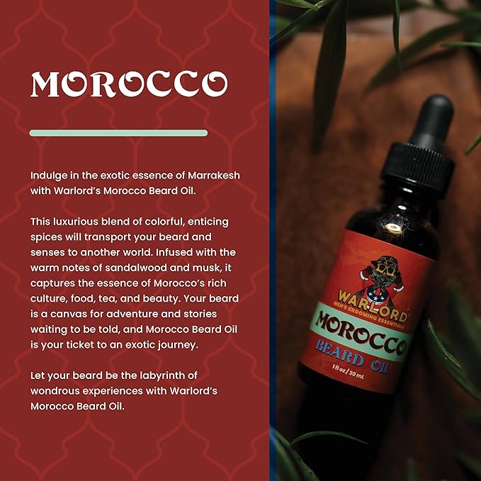 WARLORD Beard Oil & Beard Softener for Men - Beard Moisturizer & Natural Beard Oil to Reduce Itchy Skin, Tame Hair and Manage Frizz - Morocco, 1 Fl Oz