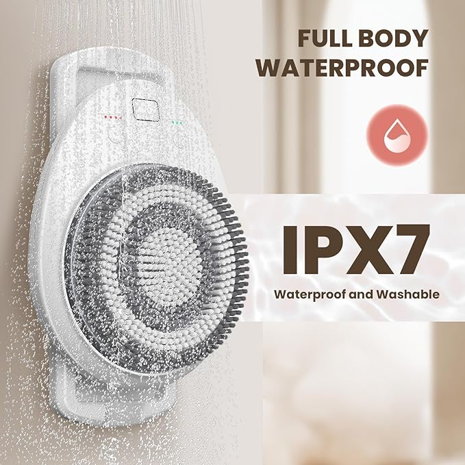 Wall Mounted Exfoliating Brush, 360° Autorotation Electric Shower Brush, with Four Deep Cleansing Heads, 3-Speed Adjustment, Ai Smart Electric Back Scrubber for Shower Wall