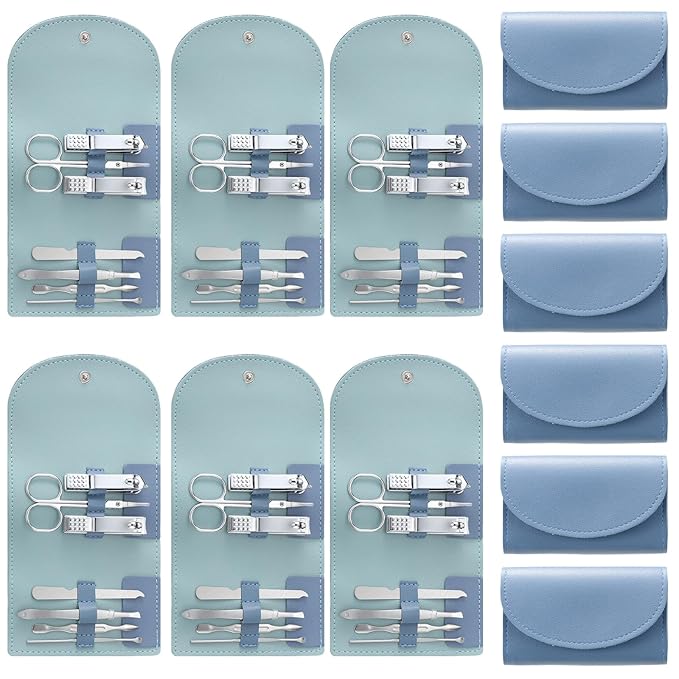 12 Set Manicure Set Bulk Mini Manicure Nail Clipper Kit 7 in 1 Stainless Steel Professional Nail Care Pedicure with Travel Portable Bag Grooming Kits for Women Men Home(Dark Blue)