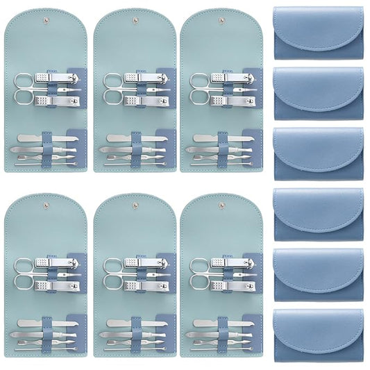 12 Set Manicure Set Bulk Mini Manicure Nail Clipper Kit 7 in 1 Stainless Steel Professional Nail Care Pedicure with Travel Portable Bag Grooming Kits for Women Men Home(Dark Blue)