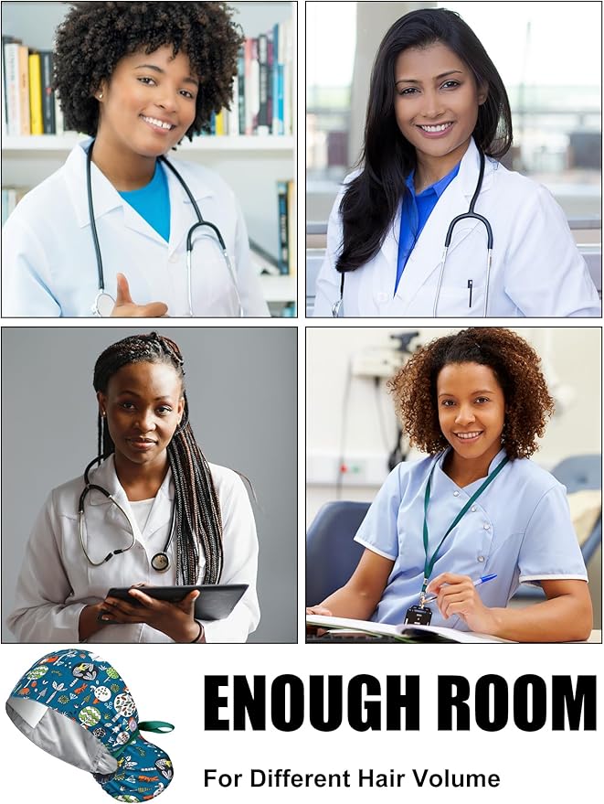 6 Pcs Satin Lined Scrub Caps Women Nurse Surgical Hat with Buttons Ponytail Working Adjustable Pouch Tie Back