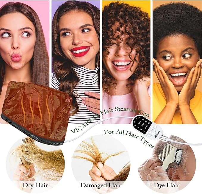 VICARKO Hair Steamer for Deep Conditioning, 10-Level Heats Up Quickly, 118” Power Cord, Heating Cap Hot Oil Treatment Heat, Electric Thermal Heated Steam for Natural Black Hair, Leaf Print