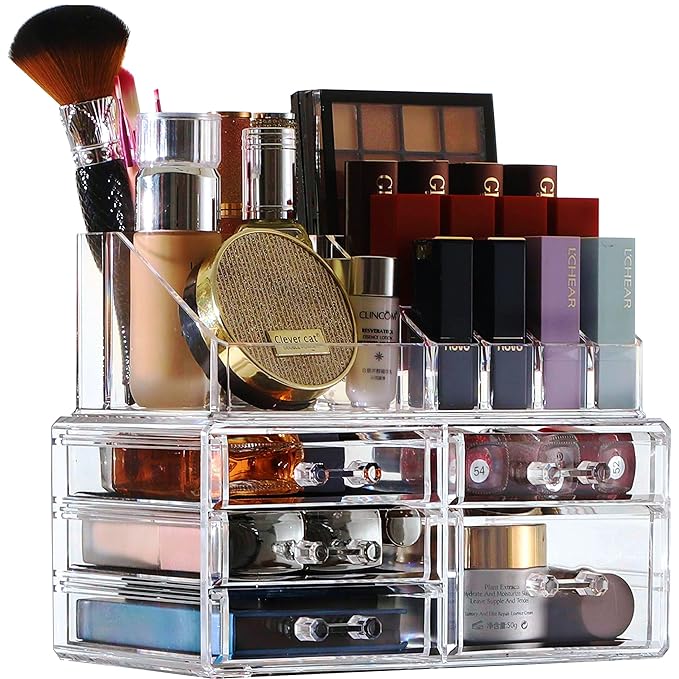 Cq acrylic 2 Pack Clear Makeup Storage Organizer,Stackable 5 Drawers Make up Organizers,Cute Desk Organizer for Vanity Jewelry,Hair Clip,Beauty,Skincare Product Bathroom Counter Organizers and Storage
