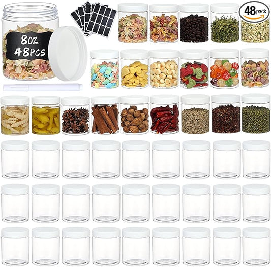 48pcs 8 oz Plastic Containers with Lids Pen Labels Leak Proof BPA Free Airtight Refillable Clear Small Containers Storage Jars for Storing Dry Food Makeup Slime Honey Jam,white