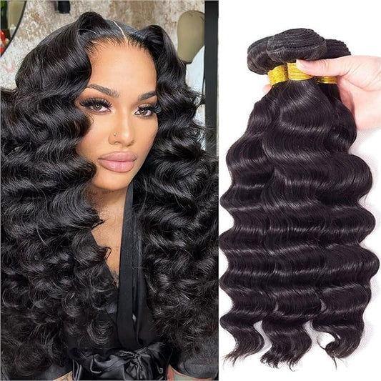 12A Grade Brazilian Virgin Loose Wave Hair 3 Bundles 12" 14" 16" 300g 100% Unprocessed Virgin Brazilian Remy Loose Deep Wave Human Hair Weave Bundles for Black Women Natural Color
