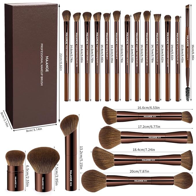 MAANGE 20 Pcs Makeup Brushes with Gift Box, Double-End Multi-functional Makeup Brushes for Blending Liquid Powder Concealer Cream Blush Buffe,Dark Brown