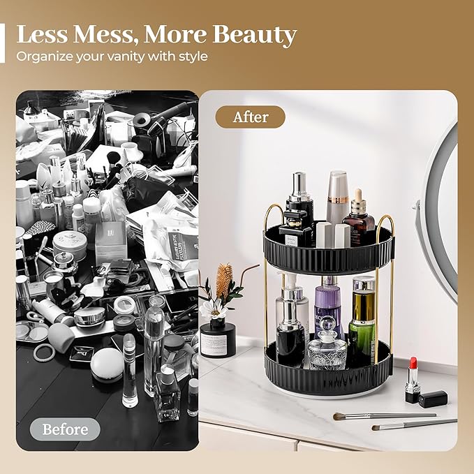 Aveniee 360 Rotating Makeup Organizer for Vanity, Skincare & Perfume, Large Capacity Bathroom Countertop Storage, 2 Tiered Black Cosmetics Lipstick & Skin Care Holder for Dresser