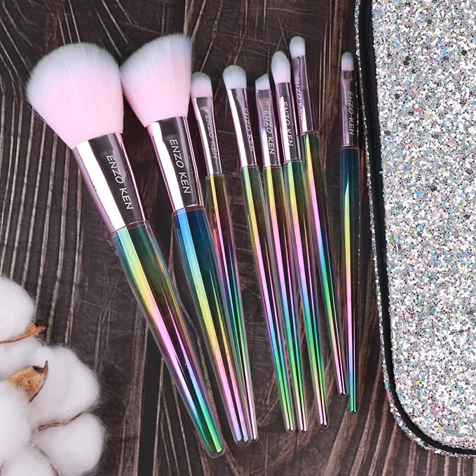 Rainbow Crystal Makeup Brushes Set Professional, Vegan Makeup Brush Set with Case by ENZO KEN, Bedazzled Cosmetic Brushes Makeup Set, Sparkly Make up Brushes Set Professional, Makeup Brush Set Vegan.