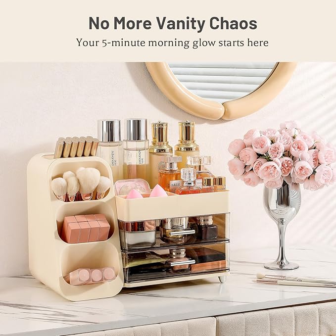 Aveniee Makeup Organizer with Drawers, Large Bathroom Countertop Storage for Vanity, Cosmetic & Skincare Display Case for Brushes, Perfumes, Lipsticks (Cream White)