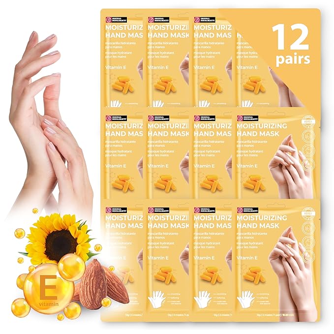 12 Pairs Original Derma Beauty Hand Mask Bulk, Moisturizing Hand Gloves for Dry Hands, Nail Care Essential (Vitamin E)