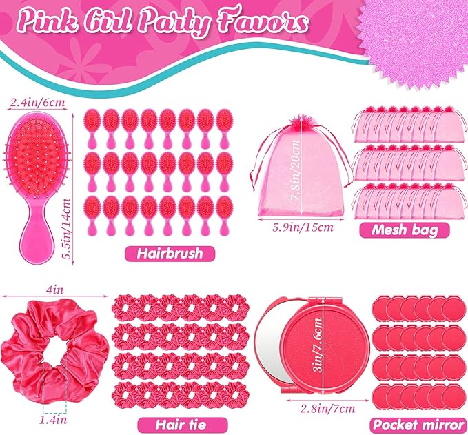 12 Set 12 Pcs Pink Girl Party Favors Kids Makeup Party Favor Pink Hair Brush Elastic Scrunchies Compact Cosmetic Mirror Organza Bags Hair Accessories for Girls Women