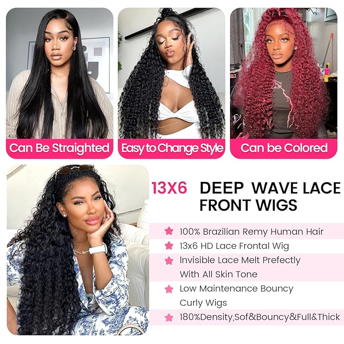 26 Inch Deep Wave Lace Front Wigs Human Hair 13x6 Curly HD Transparent Lace Front Wigs Human Hair 180 Density Pre Plucked with Baby Hair