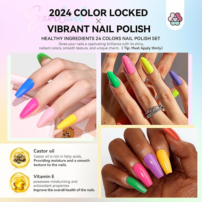 SAVILAND Nail Polish Set Quick-Dry: 24 Trendy Color Regular Nail Polish Kit Neon Glitter Finger Bulk Nail Polish Non Gel Plant-base Castor Oil Vitamin E Toe Nail Lacquer Home Set Women