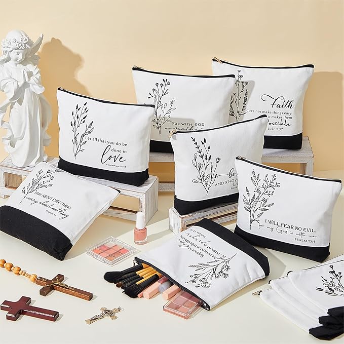 10Pcs Christian Gifts for Women Religious Cosmetic Bags Inspirational Bible Verse Pencil Pouch Canvas Makeup Bags Bulk with Zipper for Mother Sister Church Favors