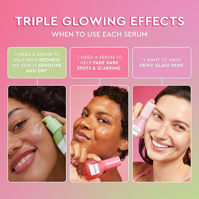 Glow Recipe Soothe, Glow & Bright Gift Set - Dew Drops Hydrating Niacinamide Serum + Avocado Ceramide Barrier Repair + Guava Dark Spot Vitamin C Serum - Korean Skincare Travel Kit (3 Count)