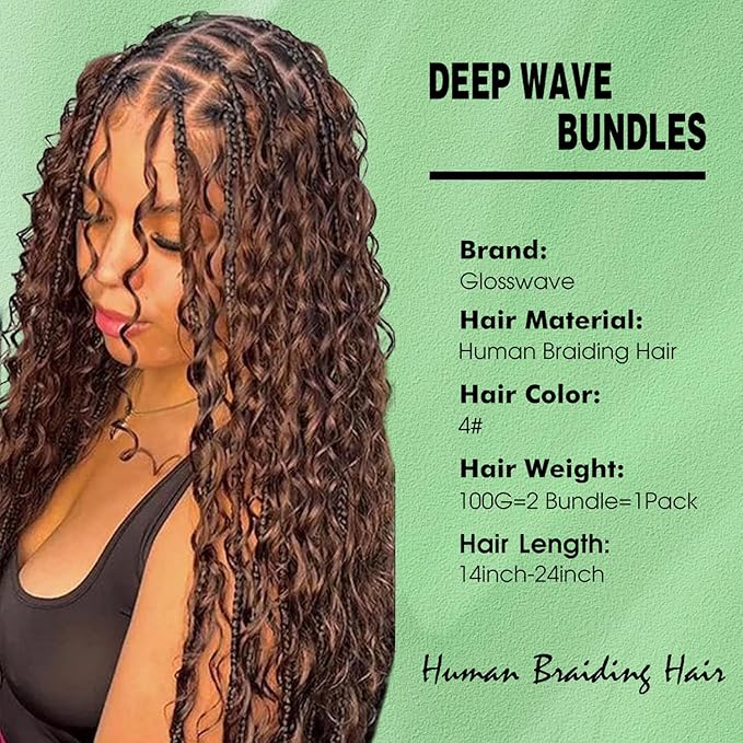 Human Braiding Hair for Boho Braids Human Hair 100g 14 Inch Curly Boho Hair for Braiding Knotless 12A Deep Wave Bohemian 2 Bundles/Pack Chocolate Brown