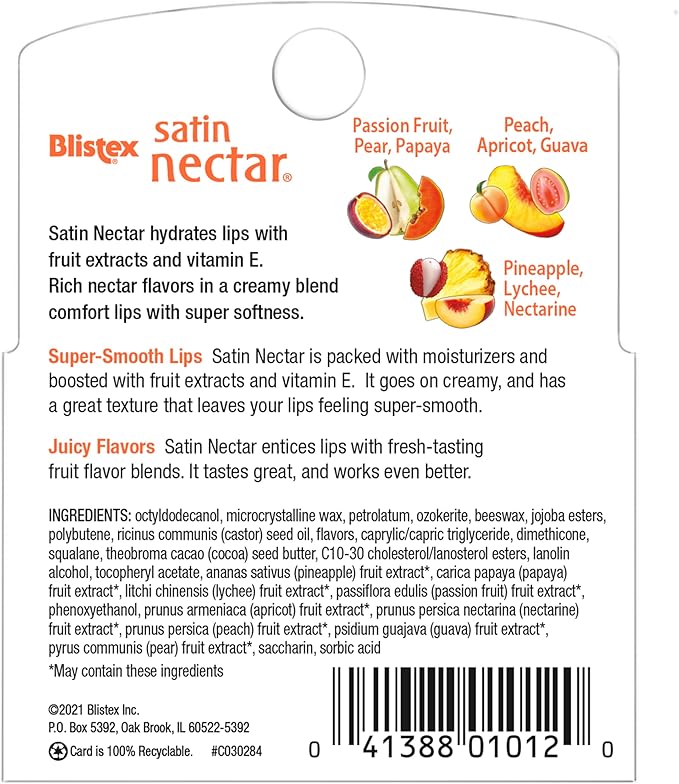 Blistex Satin Nectar Lip Balm, 0.15 oz, 3 Count, Lip Moisturizer Variety Pack, Moisturizes and Comforts Dry Lips, Refreshing Flavor Blend, Easy Glide Formula for Full Coverage, 1 Pack