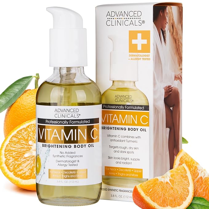 Advanced Clinicals Vitamin C Body Oil Skin Care Moisturizer W/Vitamin E & Turmeric - Nourishing, Brightening, & Hydrating Body Oil To Improve Look Of Dark Spots, Dry Skin, & Stretch Marks, 3.8 Fl Oz