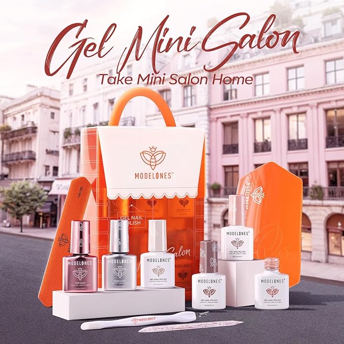 modelones Gel Nail Polish Kit with U V Light, 4 Colors Gel Mini Salon, Base&Top Coat and Stickers, Milky White Nude Pink Glitter Fall Manicure Set, DIY Home Nail Art Decoration Kit, Gift for Women