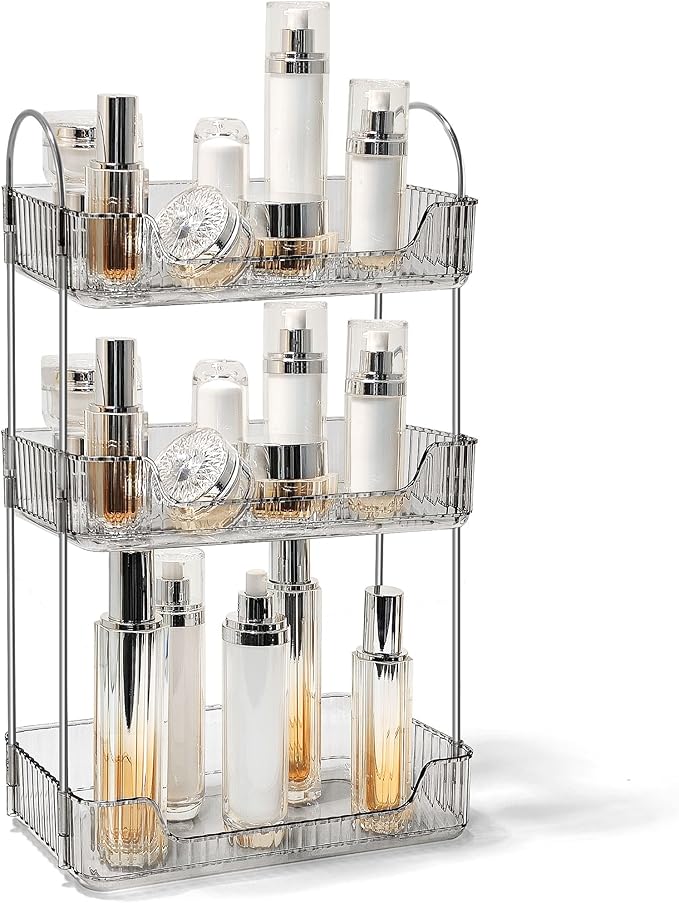 Bathroom Counter Organizer Countertop Storage Skincare Countertop Makeup Organizer Cosmetics Skincare Organizers Holder for Perfume-Grey-Silver Pole-3 Tier