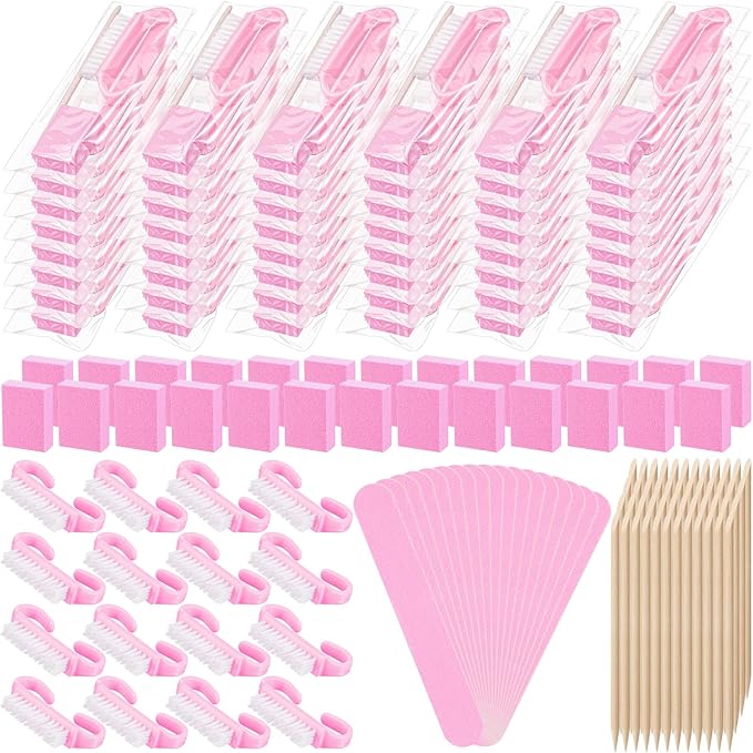100 Sets Professional Disposable Manicure Kit Basics 4 Piece Nail Kit Wood Nail File 100/180 Grit, Mini Buffer 80/100 Grit, Wood Stick and Handle Grip Brush Gifts(Pink)