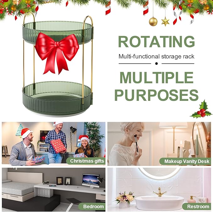 360° Rotating Makeup Organizer, Bathroom Make Up Spinning Holder Rack, Large Capacity Cosmetics Storage Vanity Shelf Countertop, Fits Cosmetics, Perfume, Skincare, Lipsticks(2 Tiers, Green)