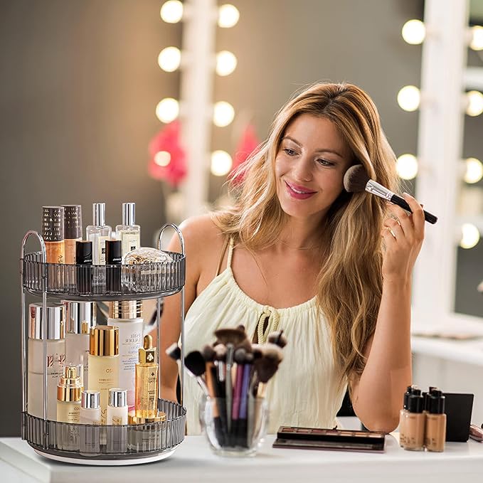360° Rotating Makeup Organizer, Bathroom Make Up Spinning Holder Rack, Large Capacity Cosmetics Storage Vanity Shelf Countertop, Fits Cosmetics, Perfume, Skincare, Lipsticks(2 Tiers, Gray)