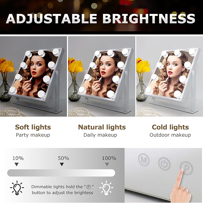 10" x 12" Vanity Mirror with Lights, 360°Rotation Tabletop Makeup Mirror with 9 LED Lights Bulbs, Portable Travel Mirror with 3 Color Lighting Modes, Mirror with Lights for Bedroom, White