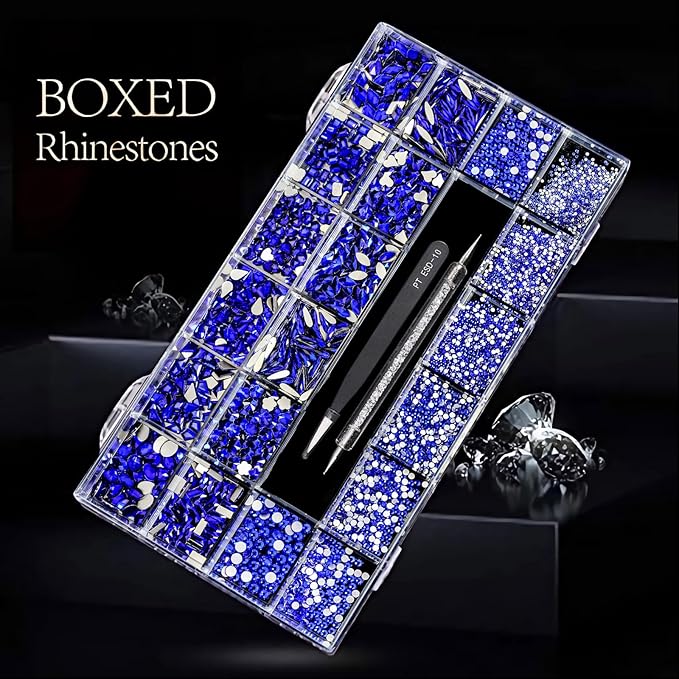 12 Types of Blue 600 Diamonds + 2500 Flat Rhinestones Mix 20 Styles Flatback DIY Crafts Rhinestone Crystals 3D Decorations Flat Back Stones Set +Tweezers + Drill Pen