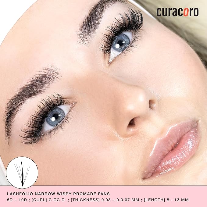 Curacoro LashFolio Narrow Wispy Fans, Handmade Volume Eyelashes, 5D To 10D, C CC D Curl, 0.03~0.07 mm, 8-13mm Mix Length, Professional Long-Lasting Promade Lash Fans (7D-0.05 D 8mm-13mm)