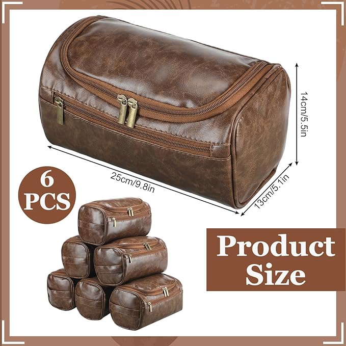Aliceset 6 Pcs Groomsmen Gift Groomsmen Toiletry Bags Set of 6 Leather Toiletry Bag for Men with Hook Leather Wedding Proposal Bag with Side Handle Father Gift(Dark Brown)