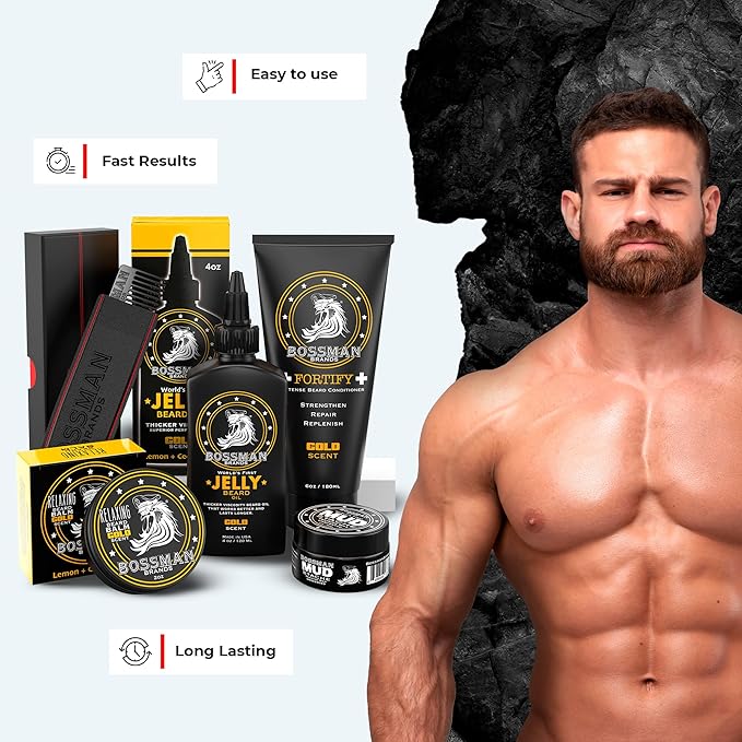 Bossman Complete Beard Kit – Men's Beard Oil Jelly, Fortifying Shower Conditioner, Balm, Mustache Wax & Comb – Beard Softener & Grooming Care (Gold Scent)